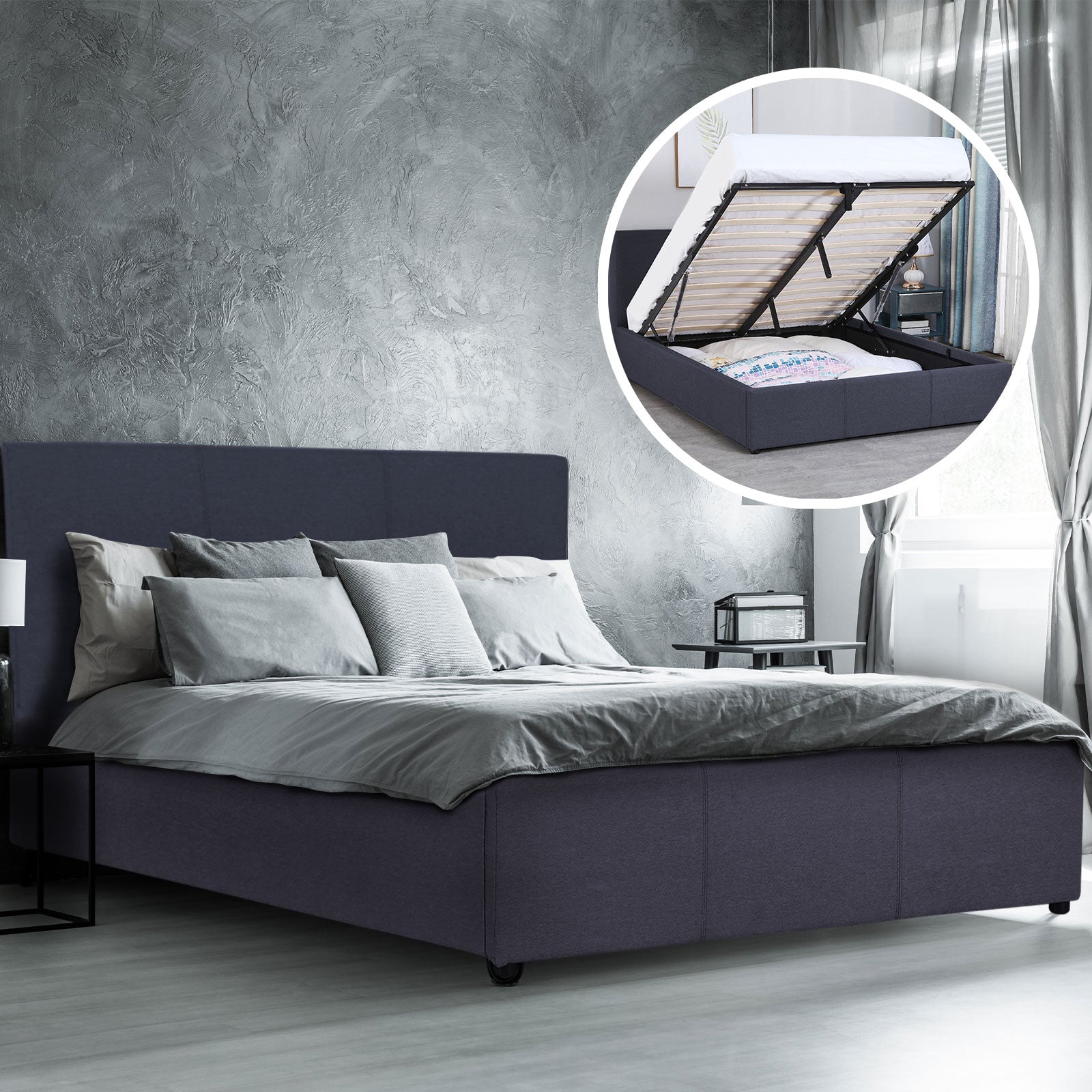 Milano Luxury Gas Lift Bed Frame And Headboard / King - Dark Grey