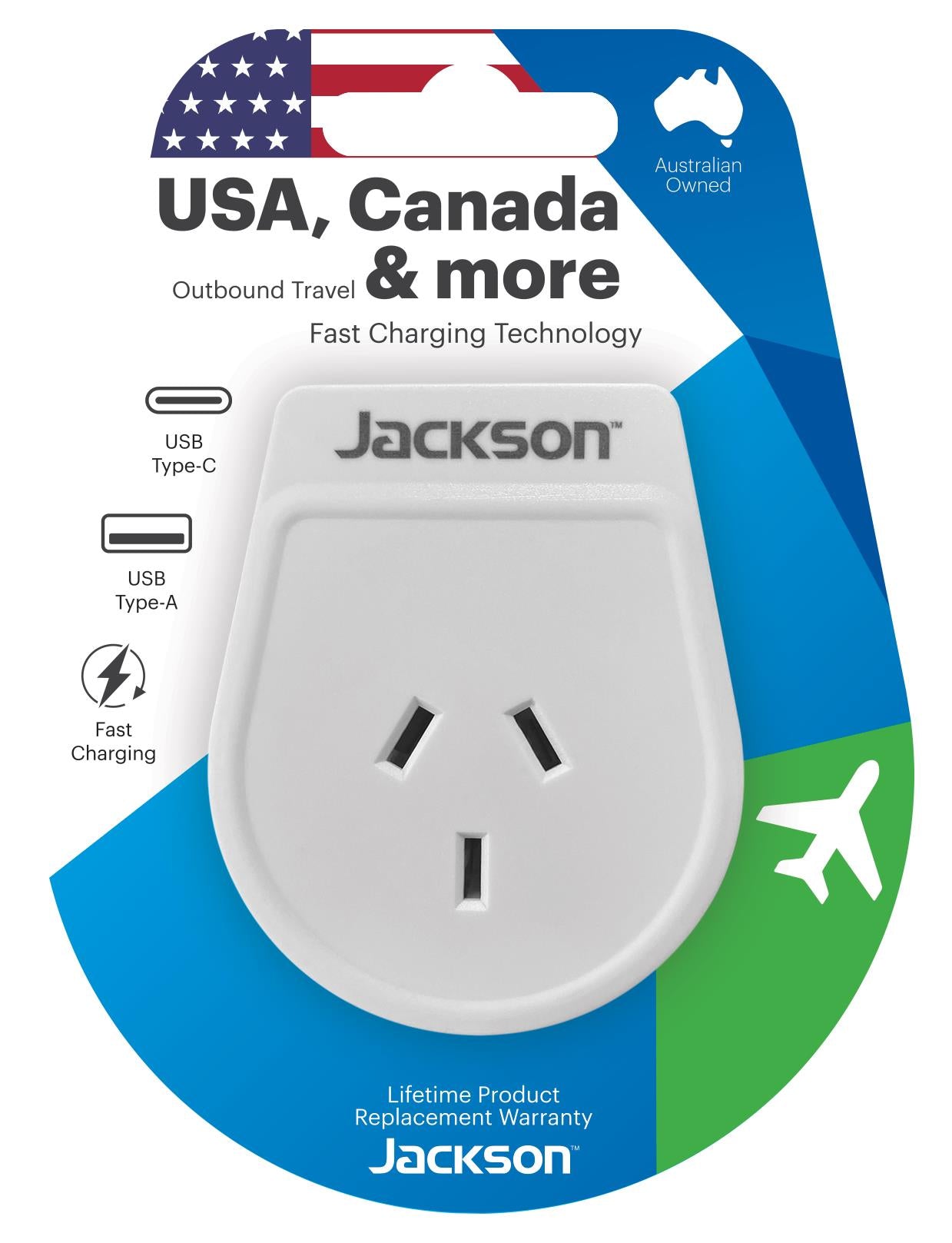 Jackson Outbound Travel Adaptor USB-A & USBC (US+CA+more)