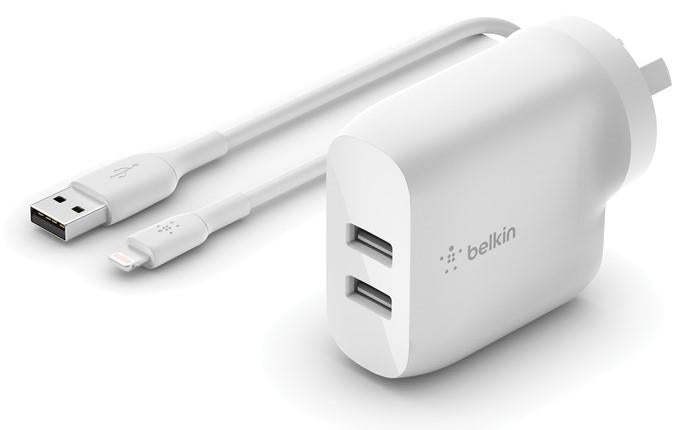 Belkin BoostUp Charge 24W Dual USB-A Charger + Lightning to USB-A Cable (White)
