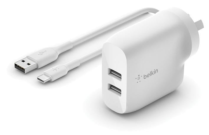 Belkin BoostUp Charge 24W Dual USB-A Wall Charger + USB-A to USB-C Cable (White)