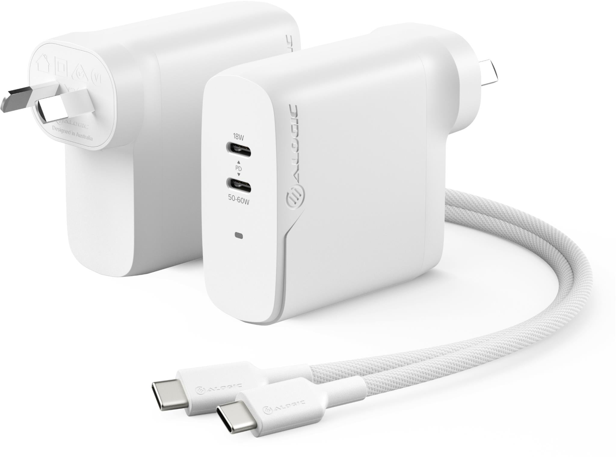 ALOGIC Rapid Power 2 Port 68W GaN Wall Charger w/ 68W USB-C Charging Cable