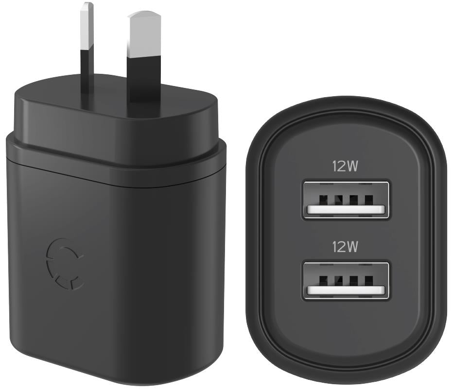 Cygnett PowerPlus 12W Dual Port Wall Charger (Black)