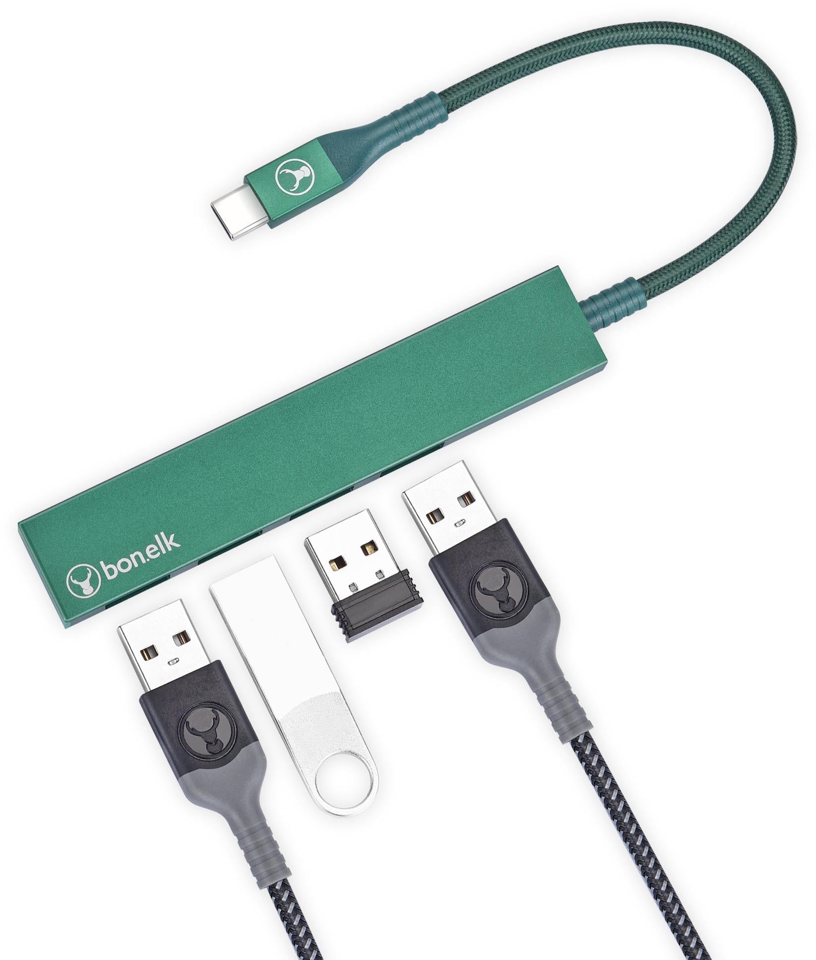 Bonelk Long-Life USB-C to 4 Port USB 3.0 Slim Hub (Green)