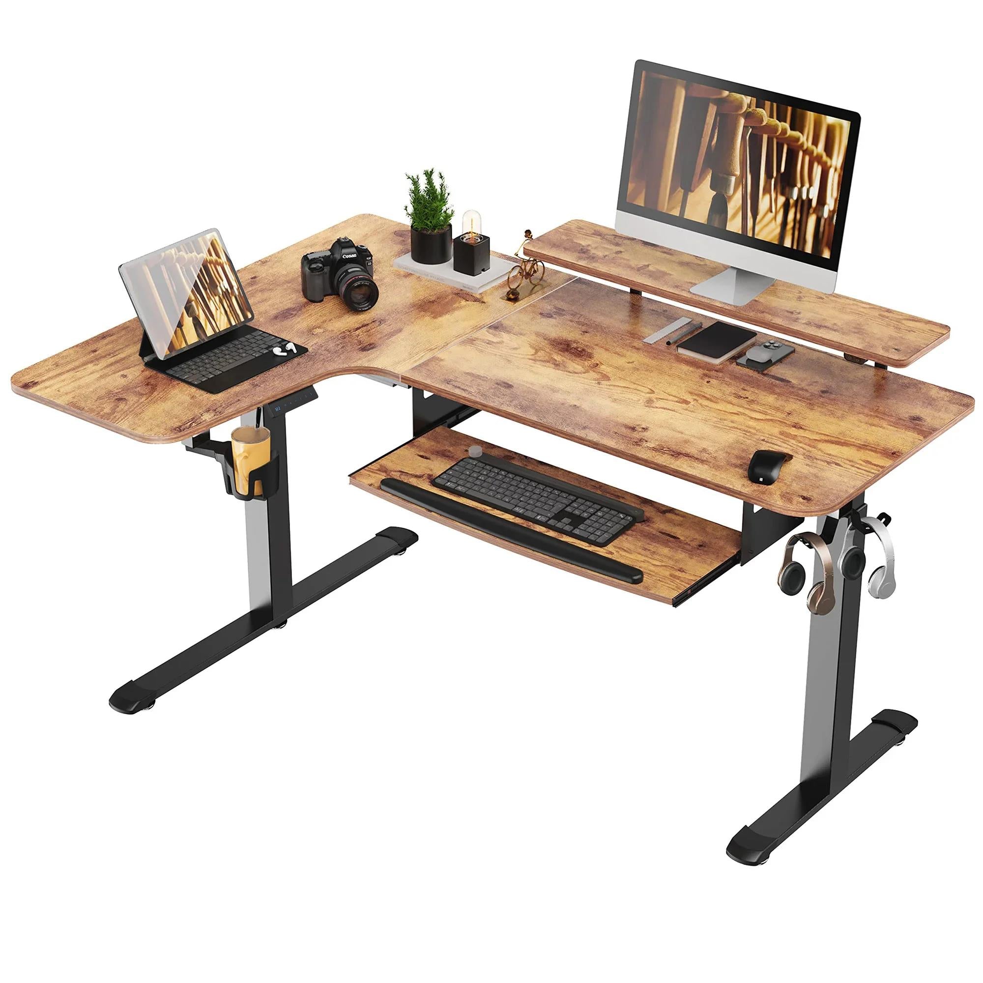 Eureka 60' L Shaped Electric Standing Rustic Brown Office Desk (Left Side)