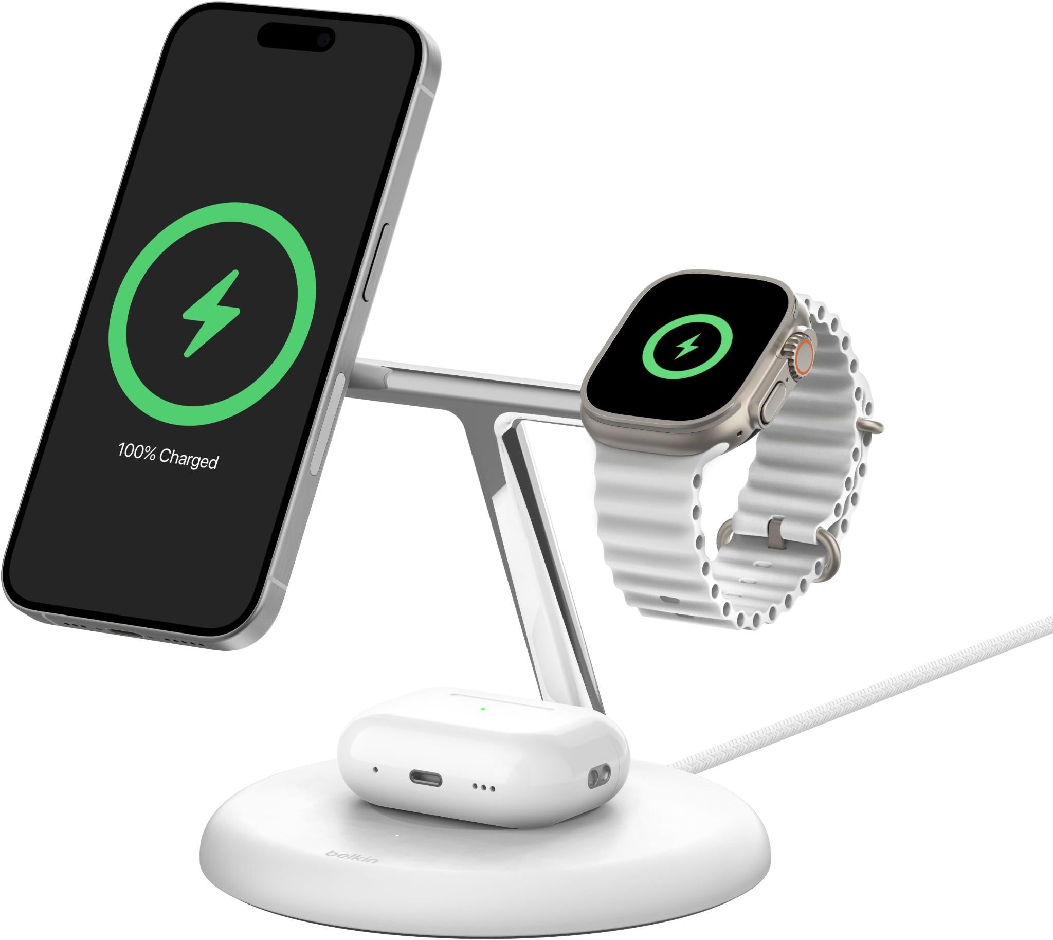 BoostCharge Pro 3-in-1 Magnetic Wireless Charging Stand with Qi2 15W (White)