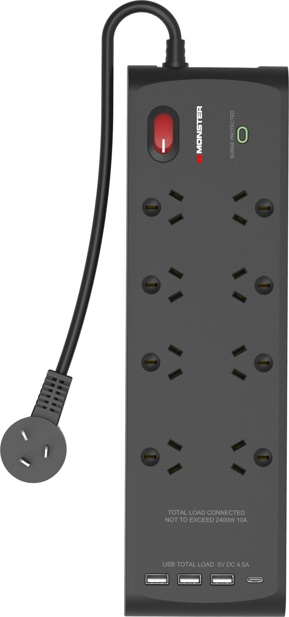 Monster USB 8 Port Surge Protector Power Board (Black)