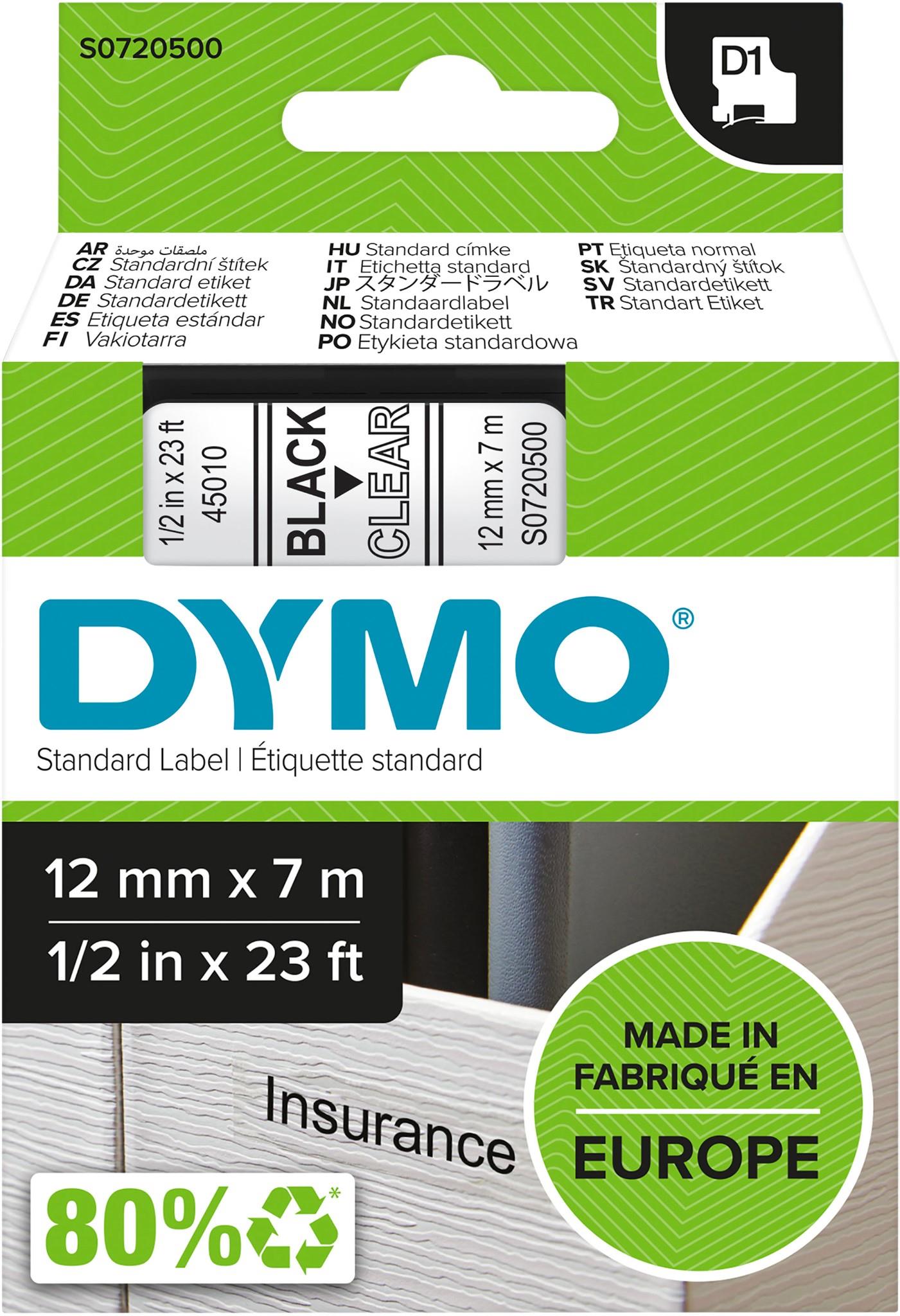 DYMO D1 LABEL BLACK ON CLEAR 12mmx7m