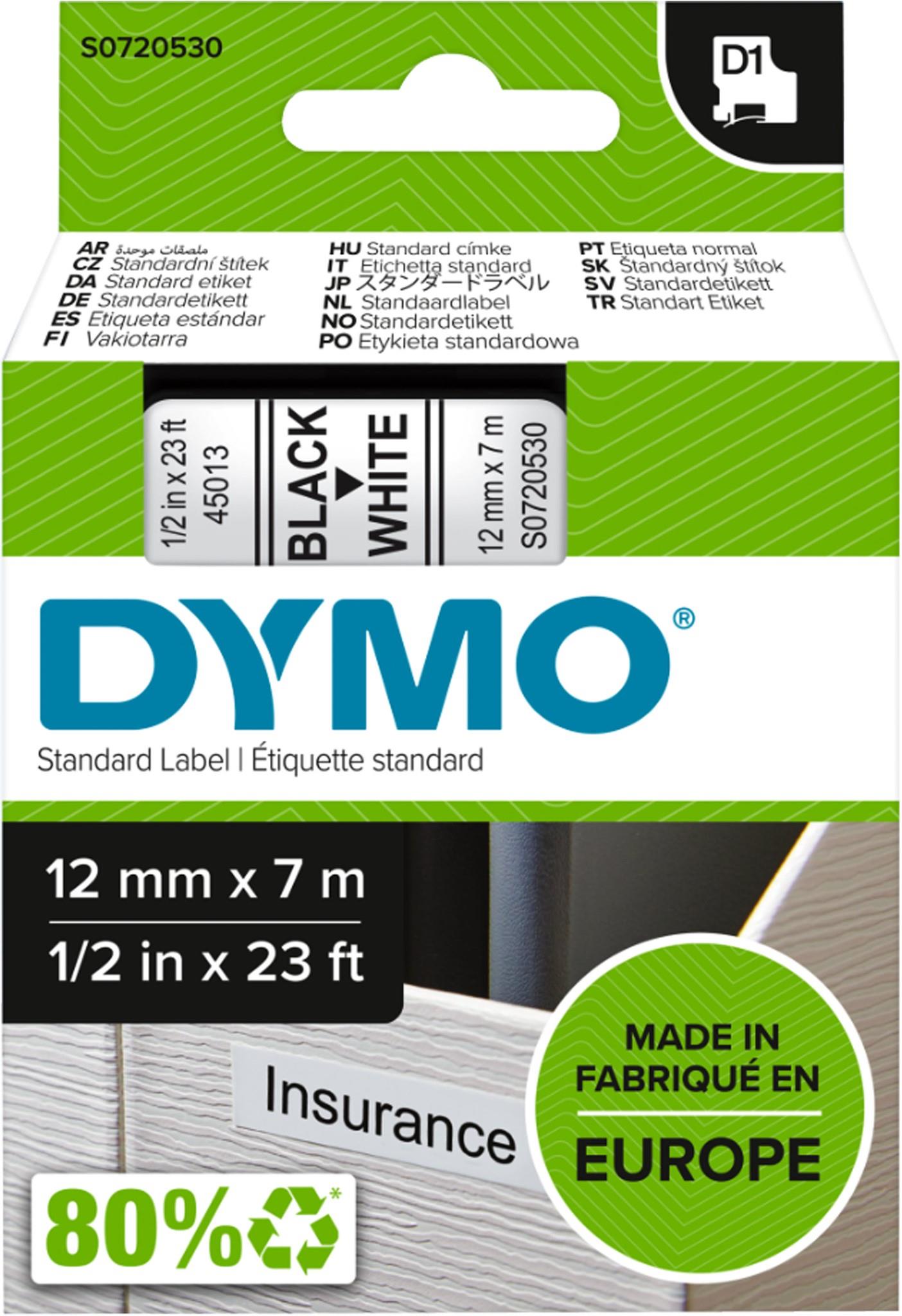 Dymo D1 Label Tape 12mm x 7M - Black on White