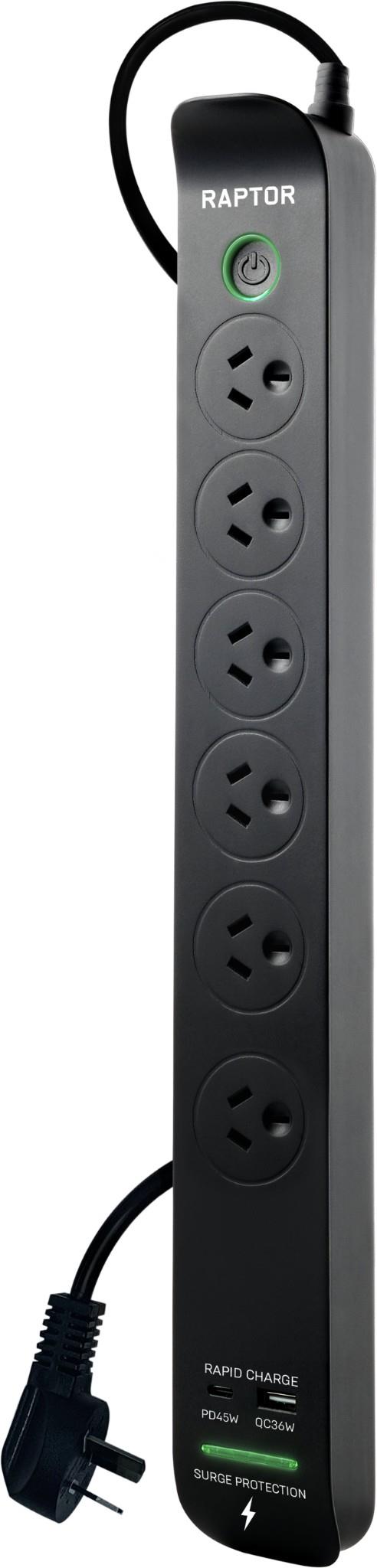 Jackson Raptor 6 Outlet Slimline 45W PD Surge Protected Powerboard