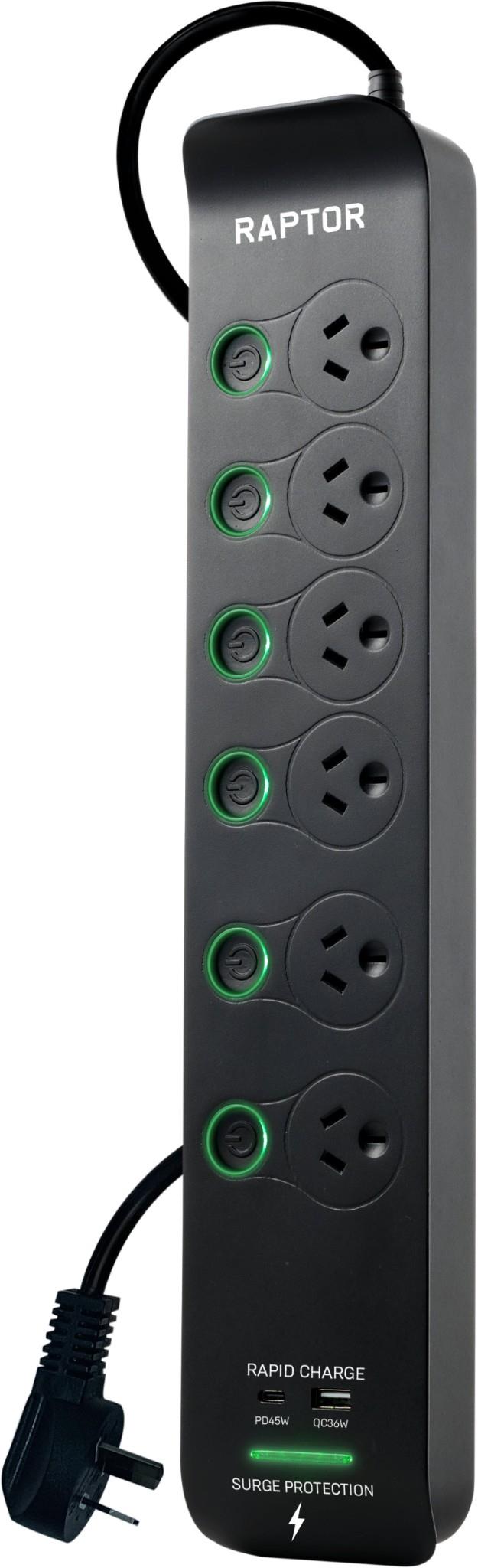 Jackson Raptor 6 Outlet Full Control 45W PD Surge Protected Powerboard
