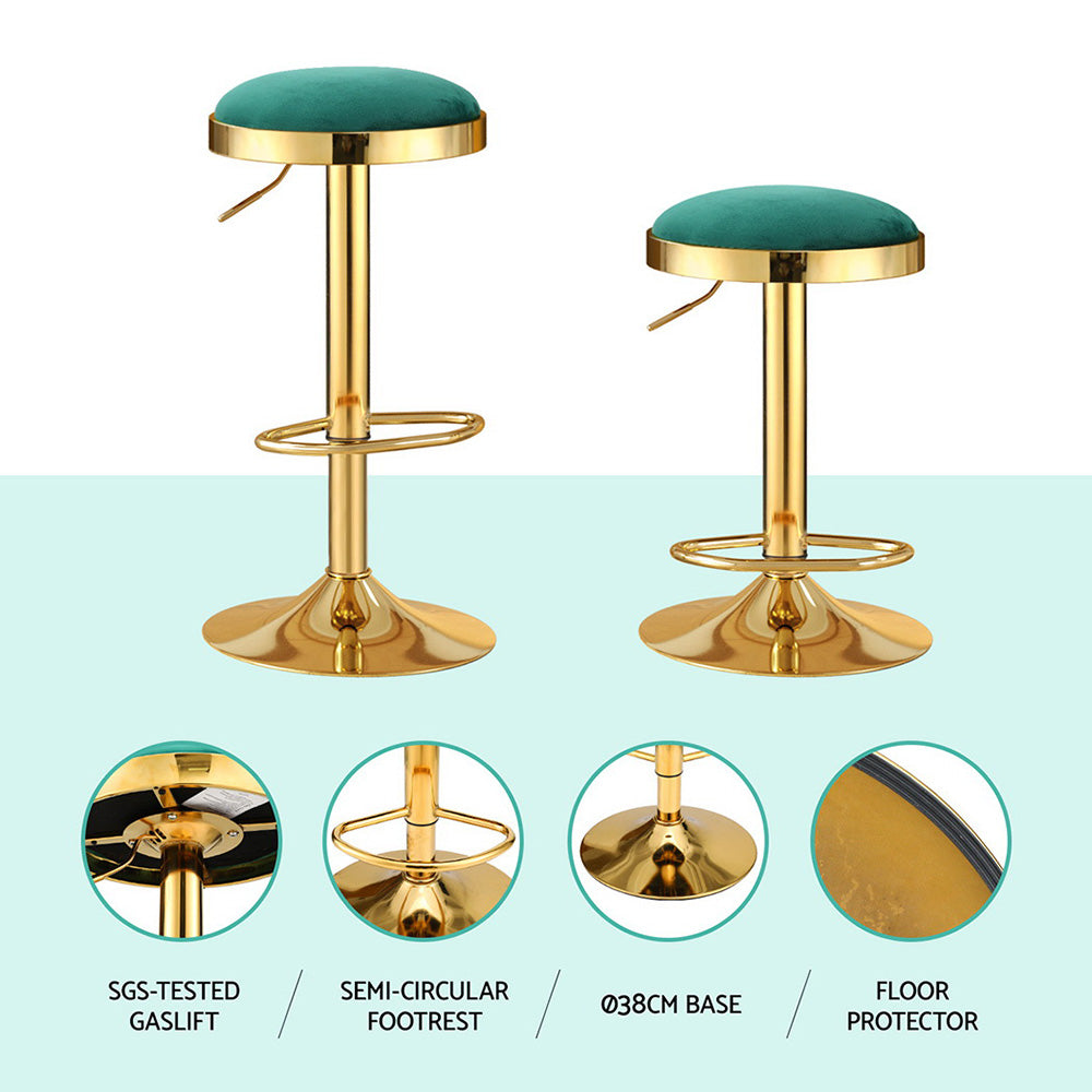 2x Artiss Bar Stools Kitchen Dining Chairs Velvet Padded Stool Green