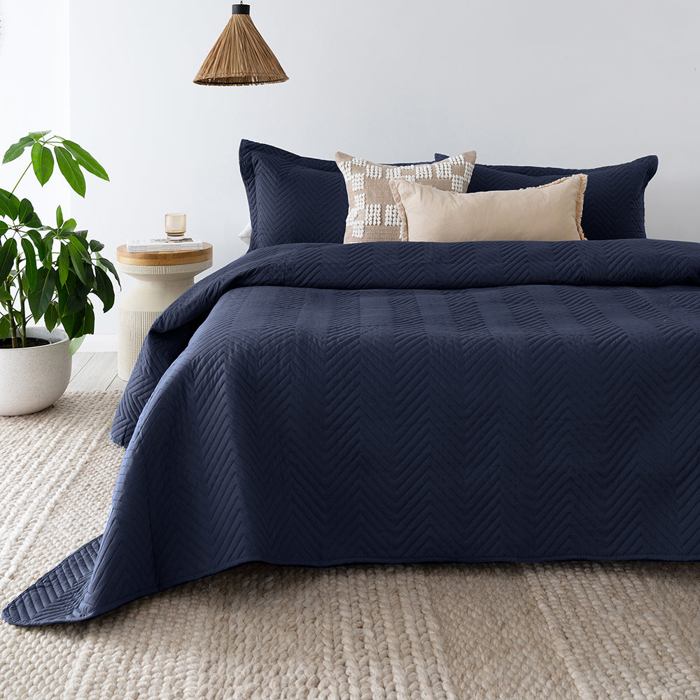 Herringbone Embossed Coverlet Set Navy S/D