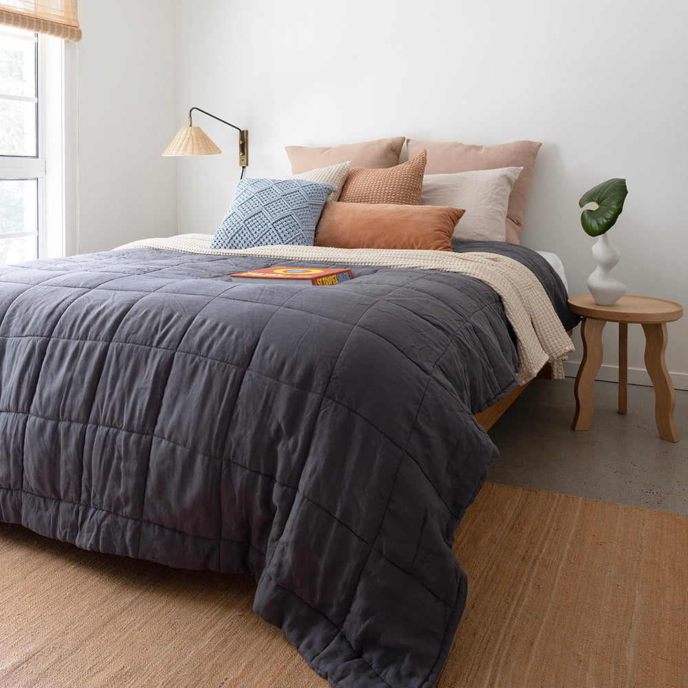 Linen Quilted Coverlet Charcoal
