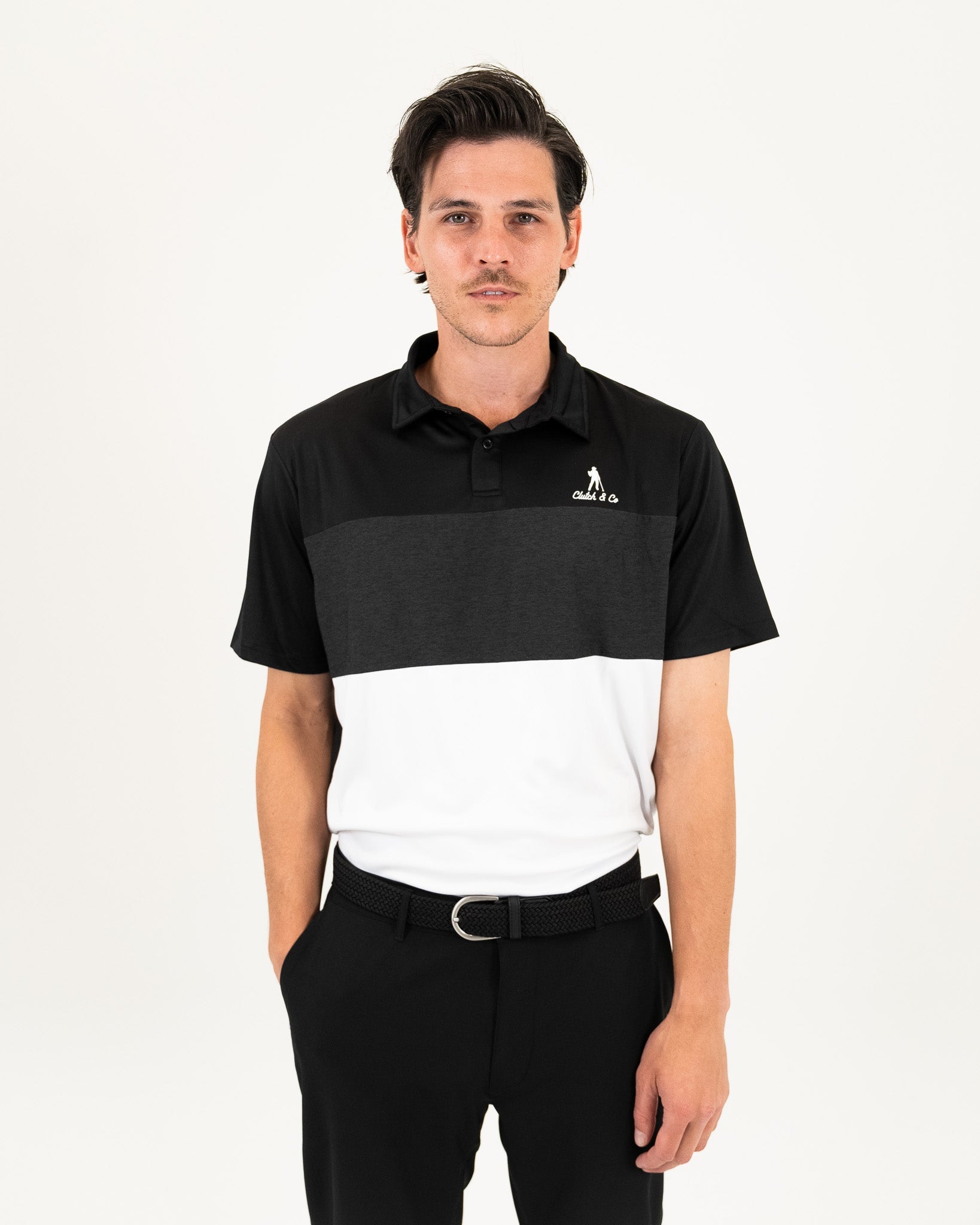 Clutch & Co Mens Honour Tech Golf Polo - XL - Black/Charcoal/White