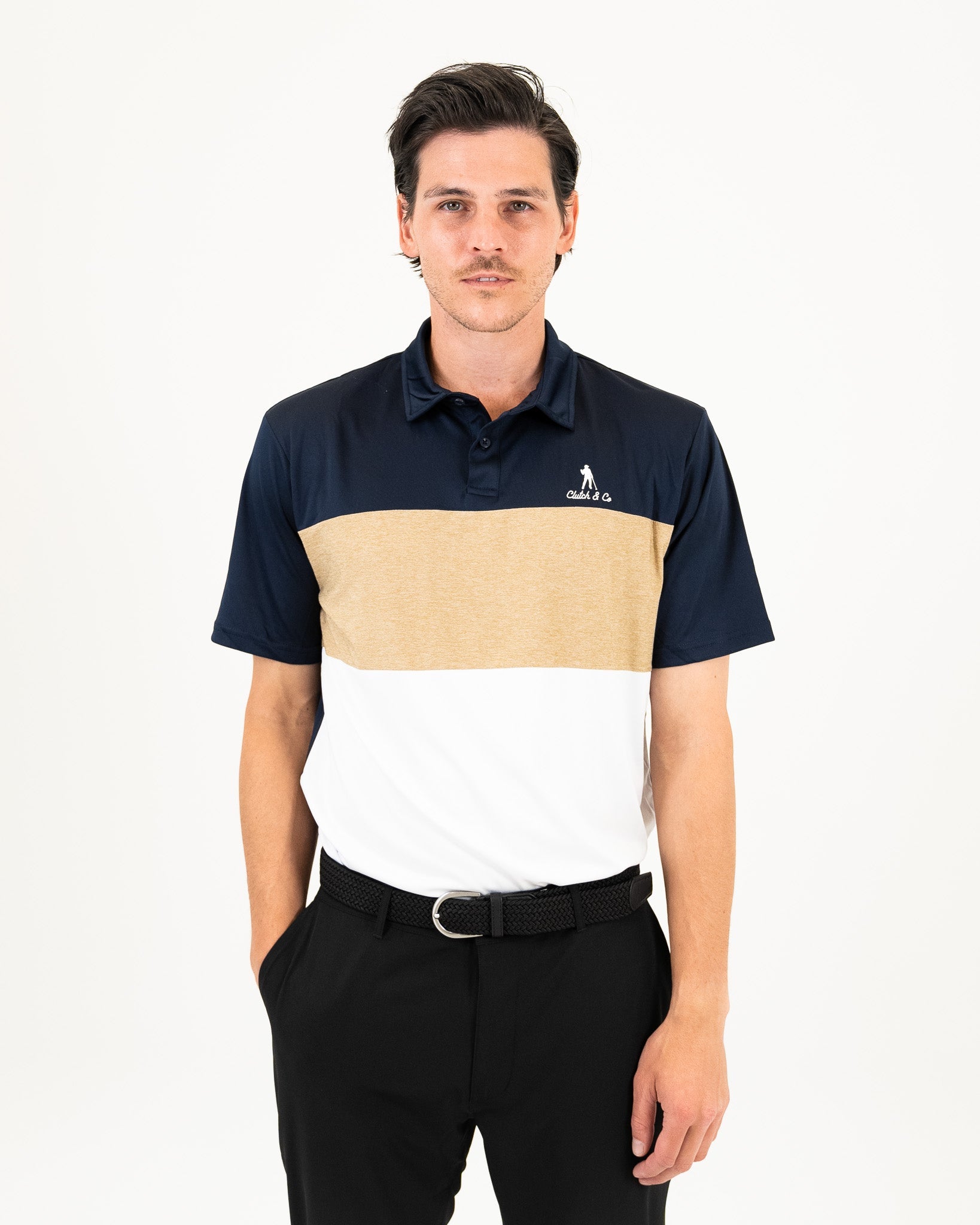 Clutch & Co Mens Honour Tech Golf Polo - S - Navy/Dune/White