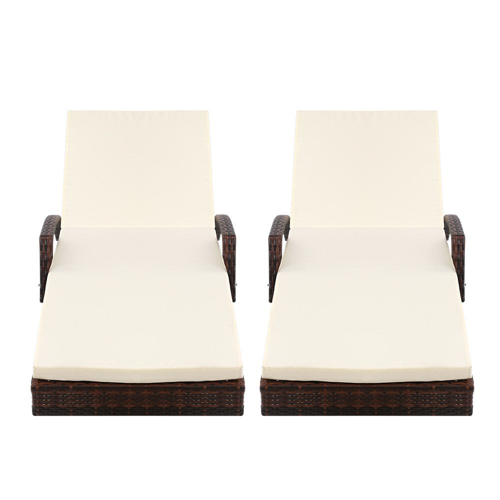 Gardeon 2PC Sun Lounge Wicker Lounger Outdoor Furniture Beach Chair Patio Adjustable Cushion Brown