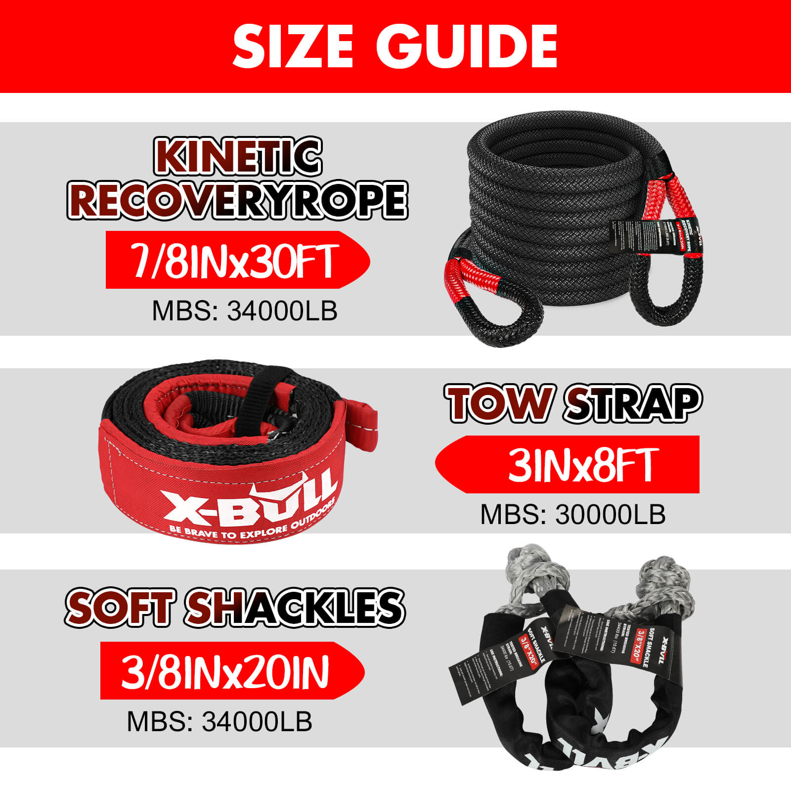 X-BULL Snatch Strap Soft Shackles Kinetic Recovery Rope Folding Shovel Survival