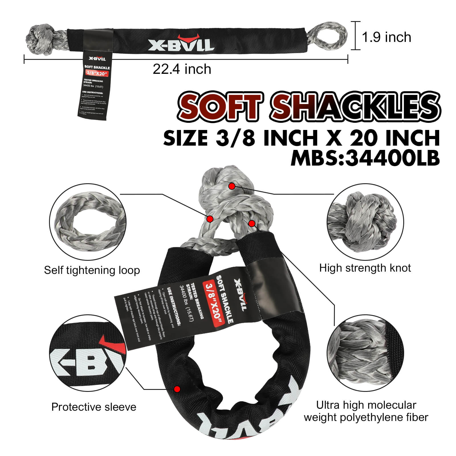 X-BULL Snatch Strap Soft Shackles Kinetic Recovery Rope Folding Shovel Survival