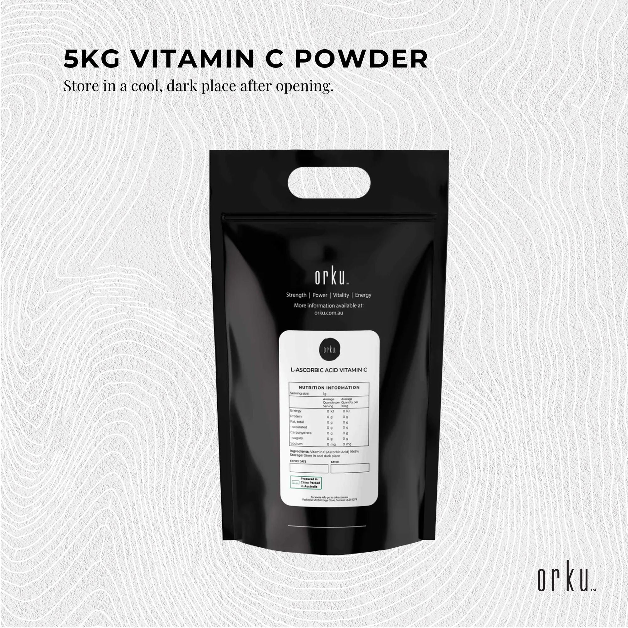 Orku 5Kg Vitamin C Powder Pure L-Ascorbic Acid - USP Grade Non-GMO