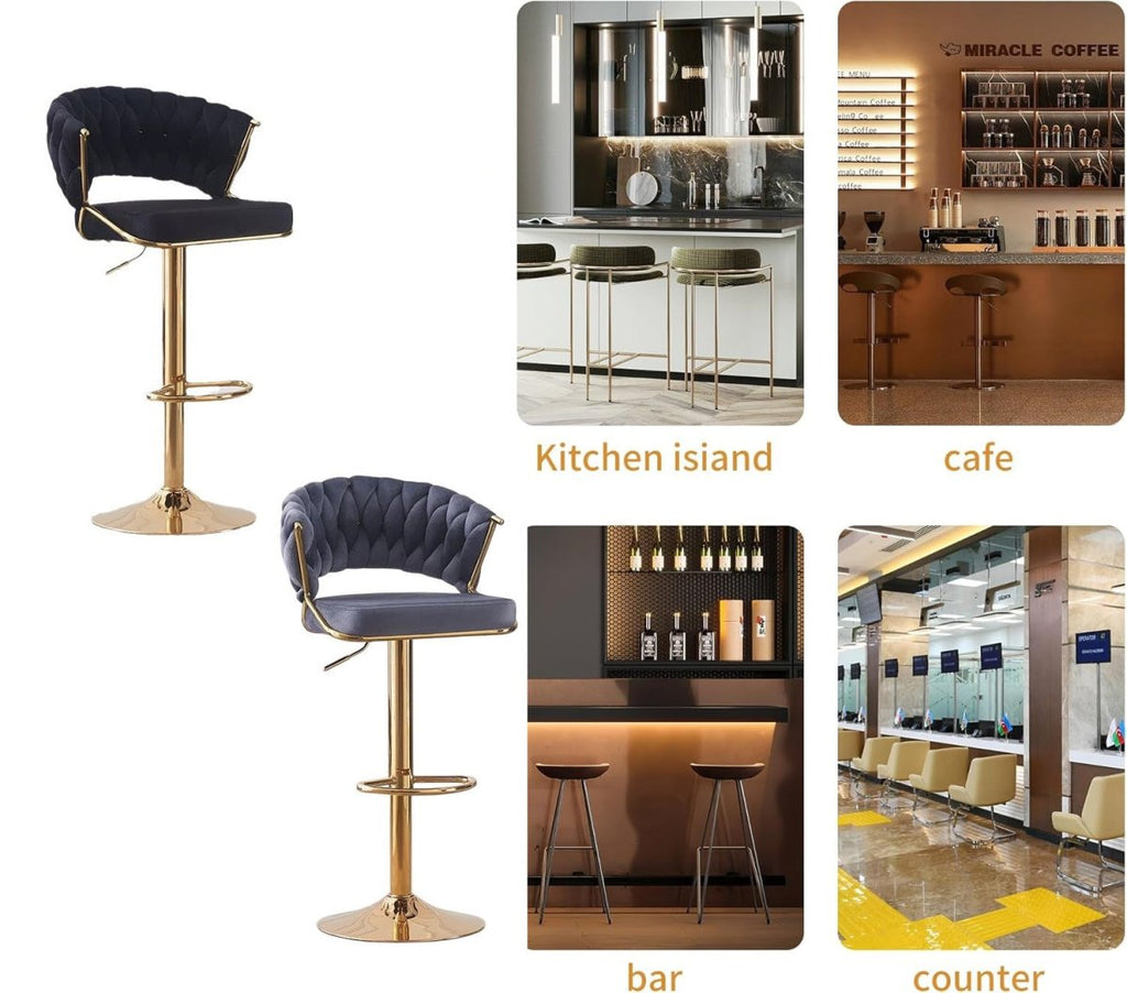 2x Height Blue Velvet Padded Golden Round Base Barstools Chairs