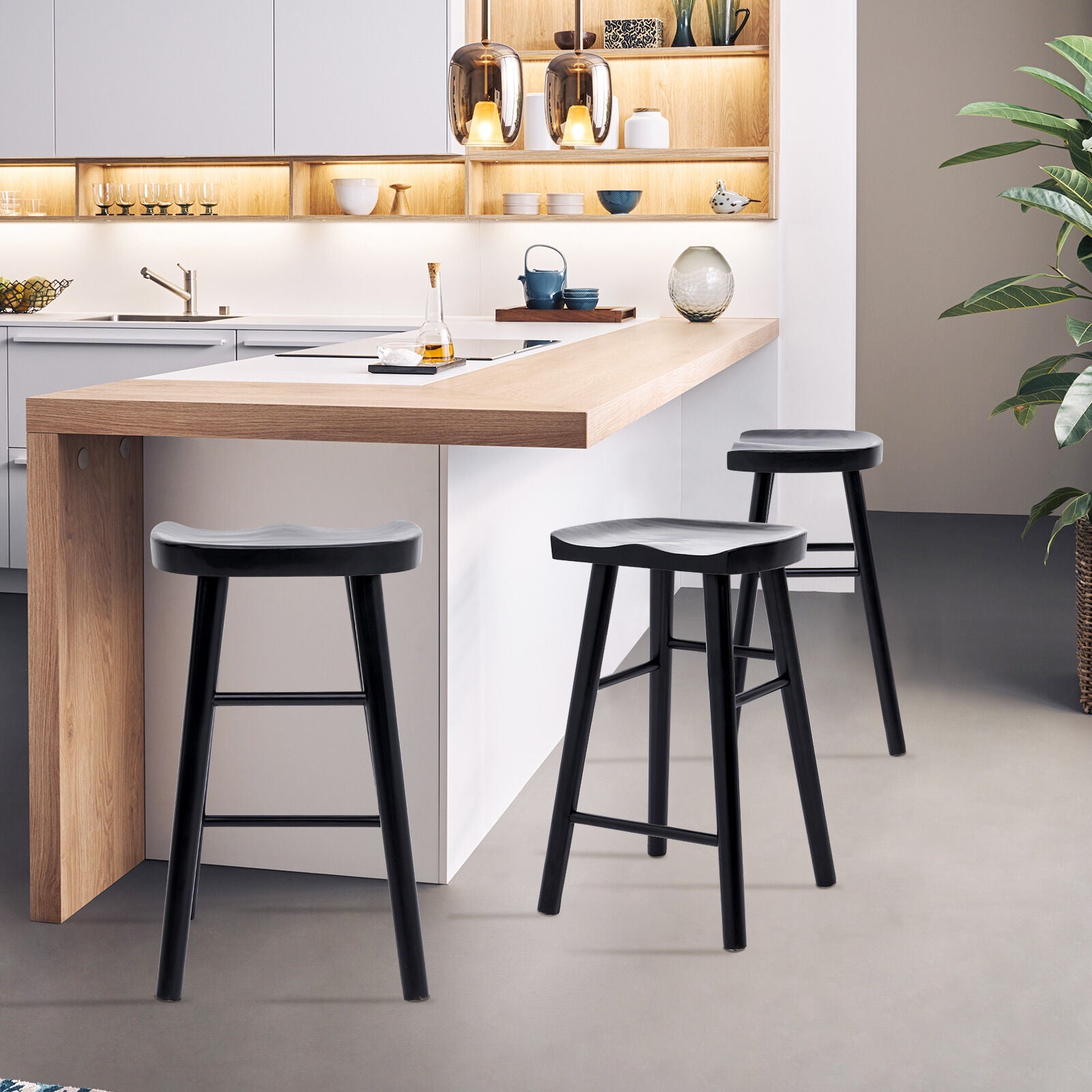 2X Wooden Bar Stool Dining Chair Pine Wood FRIDA 65cm BLACK