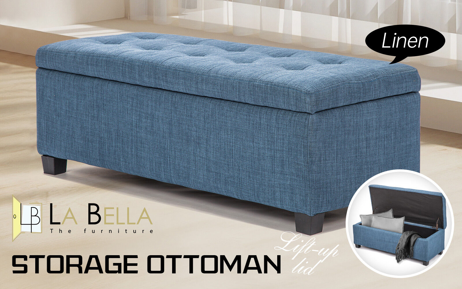 Storage Ottoman Stool 102cm Fabric DARK BLUE