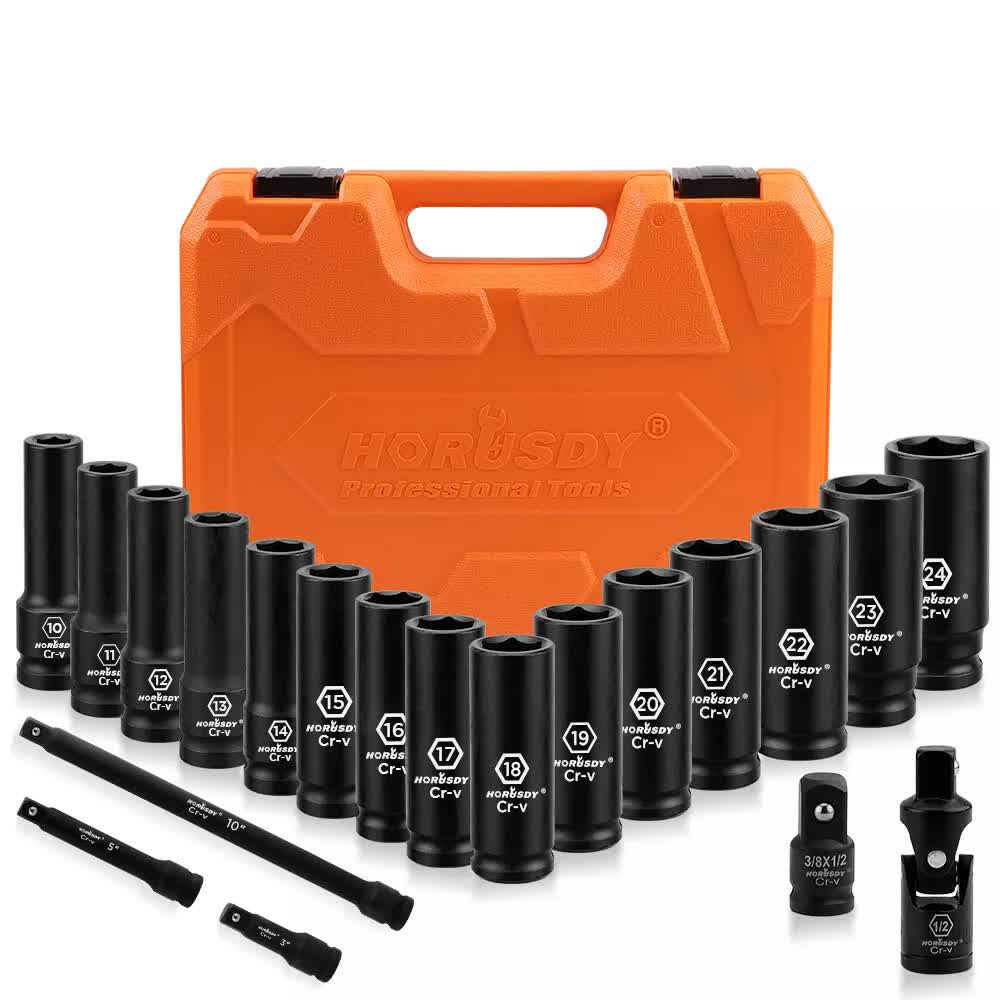 19Pc Deep Socket Set Impact 1/2" Drive Extension Bars Flexible Adapter 10-24mm