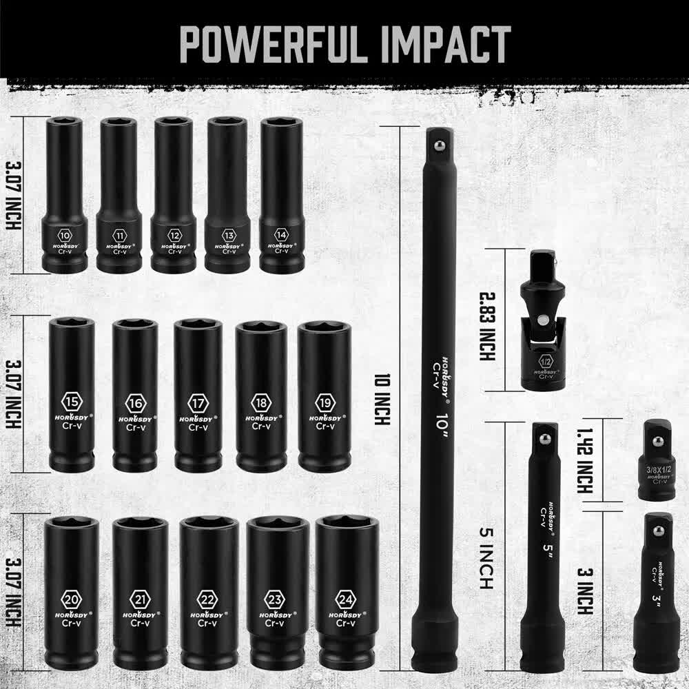 19Pc Deep Socket Set Impact 1/2" Drive Extension Bars Flexible Adapter 10-24mm
