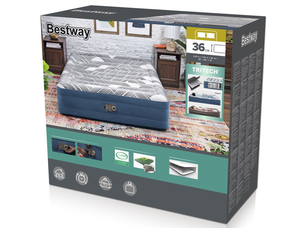 Bestway 2.03m x 1.52m x 36cm Tritech Fashion Flock comfortable inflatable Air Mattress Queen Built-in AC Pump