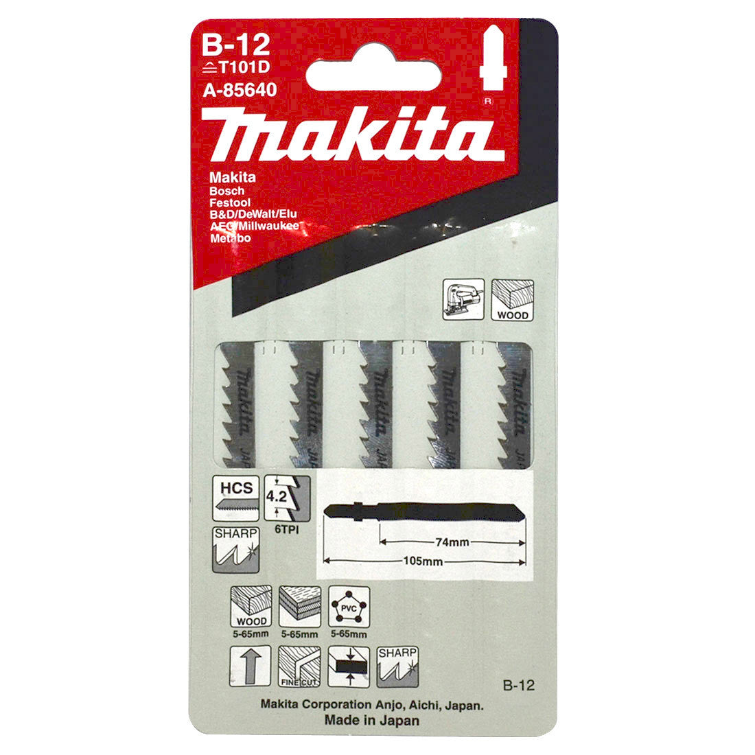 Makita Jigsaw Blade HSS Bayonet 75mm 06TPI 5 Pack