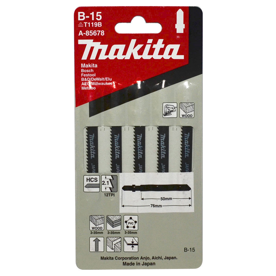 Makita Jigsaw Blade HSS Bayonet 76mm 12TPI 5 Pack