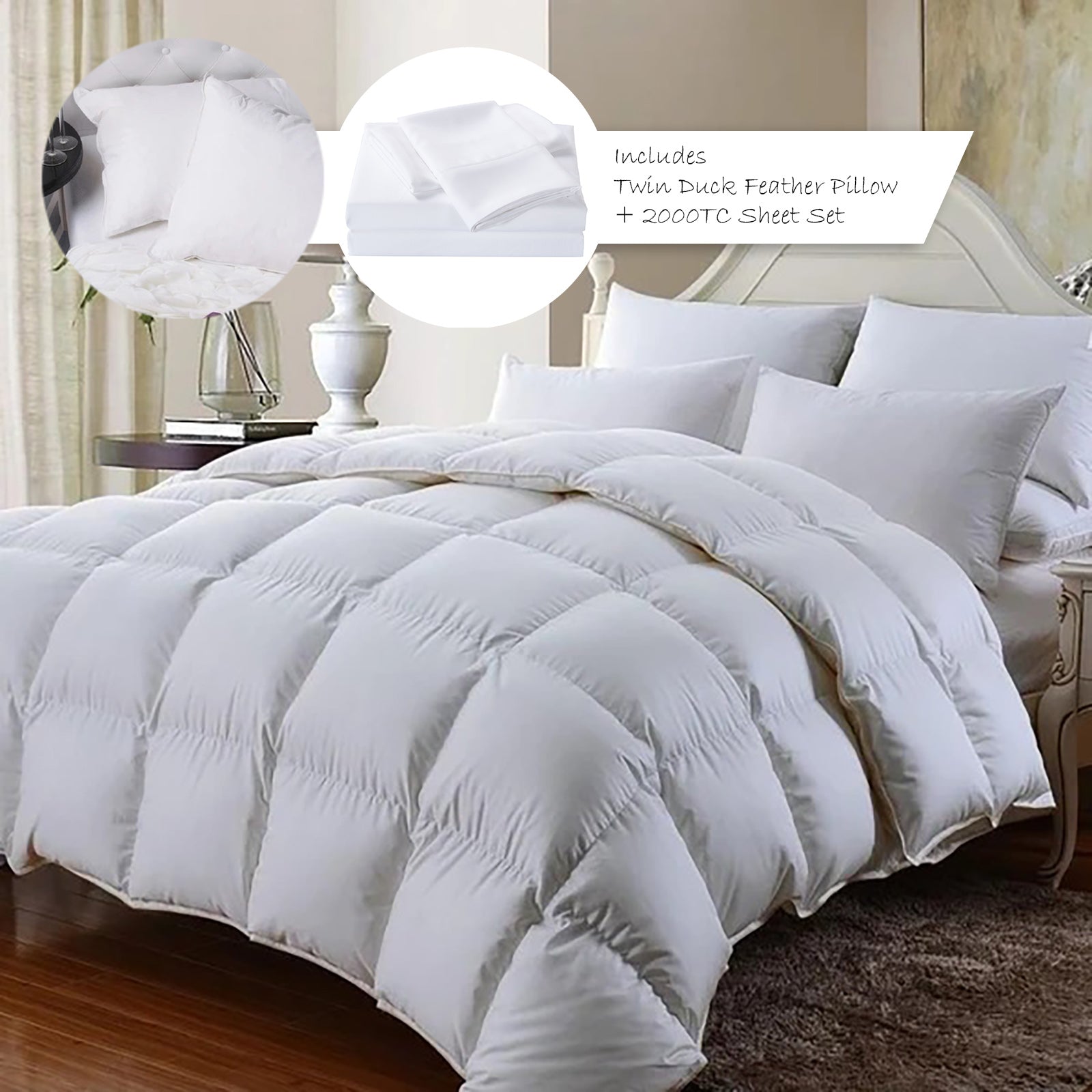 Royal Comfort 350GSM Bamboo Quilt, 2000TC Sheet Set And 2 Pack Duck Pillows Set / Single - White