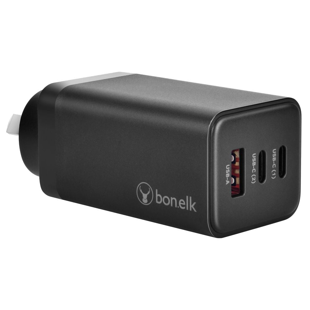 Bonelk 65W PD GaN Wall Charger, 2 x USB-C, 1 x USB-A (Black)